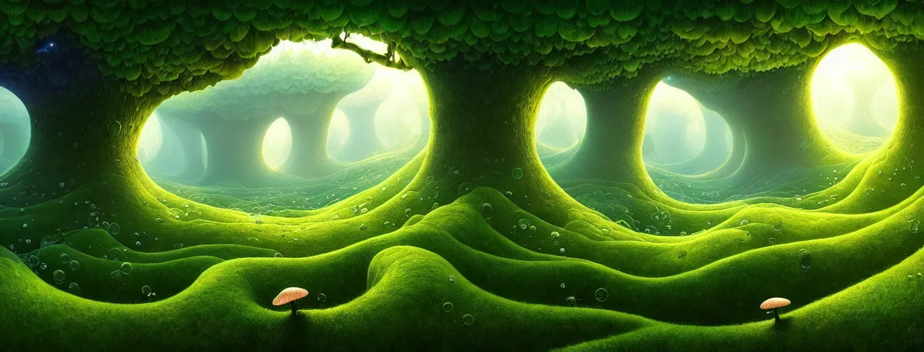 Prompt: gediminas pranckevicius beautiful and stunning professional digital artwork of a glowing mushroom cave haze spores floating in the air vines flow water volumetric lighting, hyperrealistic, rtx on, ultra detail, barlowe wayne, maxfield parrish and marco mazzoni, holes, infinite mirror, fragments | no signature!