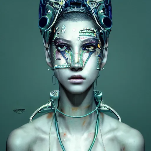 Prompt: the portrait of an absurdly beautiful, graceful, sophisticated, fashionable cyberpunk gravure idol, an ultrafine hyperdetailed illustration by kim jung gi, irakli nadar, matt wisniewski, tribal makeup, intricate linework, iridescent wiring, porcelain skin, unreal engine 5 highly rendered, global illumination, radiant light, detailed and intricate environment