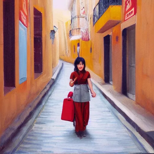 Prompt: high detail oil painting style portrait of Asian woman with mustard coloured suitcase dancing through a city street in Spain