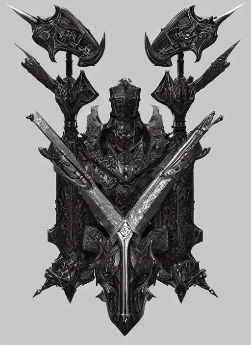 Prompt: a black and silver sword skull crest, orthographic, ornament, weapon, a 2 d render by dom qwek, front side, concept art, trending on polycount, artstation, hard surface modeling, rendered in maya, zbrush, hd, vray, blizzard, symmetry