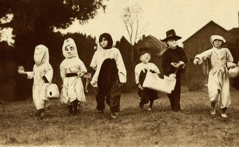 Image similar to Vintage postcard of children trick-or-treating, hi-res scan, stark composition, sepia tone, eerie lighting,