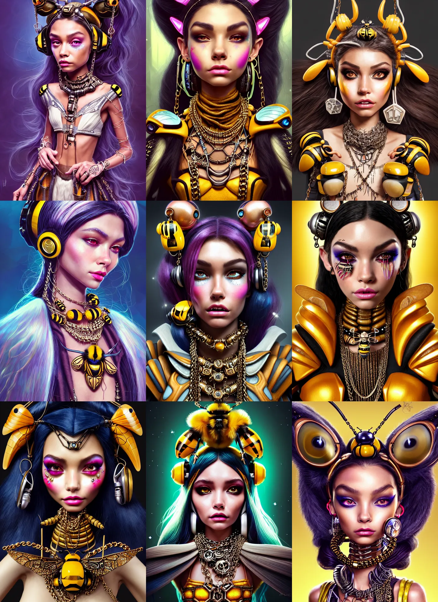 Prompt: disney weta portrait, stunning lustrous ivory raver clowncore bumblebee madison beer aztec cyborg, earbuds, chains, bling, sci - fi, fantasy, cyberpunk, intricate, decadent, highly detailed, digital painting, ever after high, octane render, artstation, concept art, smooth, sharp focus, illustration, art by artgerm, loish, wlop