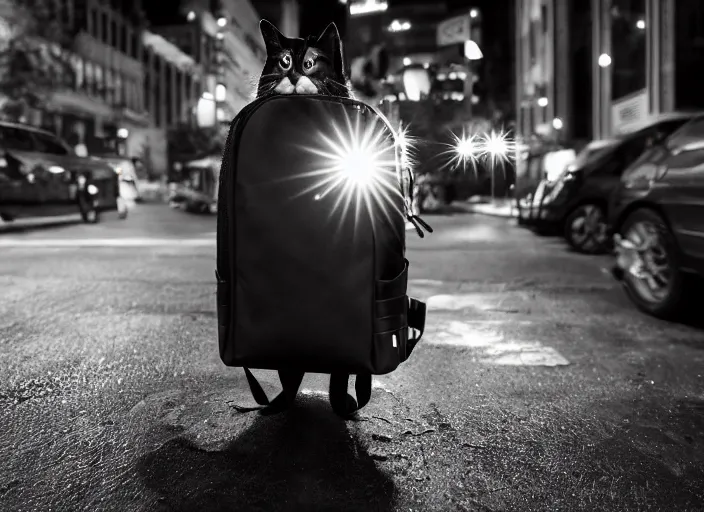 Image similar to photography of a Cat being carried in a backpack . in a new york street. award winning photo, led lighting, night, 130mm, sharp, high res