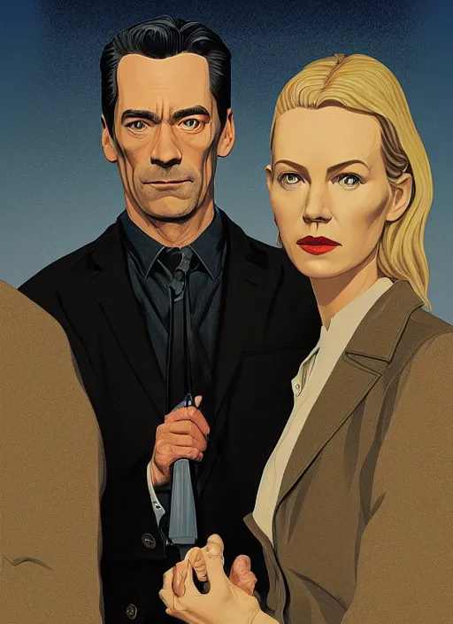 Prompt: Twin Peaks poster artwork by Michael Whelan and Tomer Hanuka, Karol Bak of Naomi Watts & Jon Hamm husband & wife portrait, in the pose of American Gothic, from scene from Twin Peaks, clean, simple illustration, nostalgic, domestic, full of details