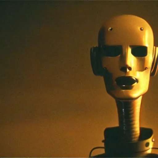 Image similar to movie scene of a man with a robot head, menacing, movie still, cinematic composition, cinematic light, criterion collection, reimagined by industrial light and magic, Movie by David Lynch and Ridley Scott