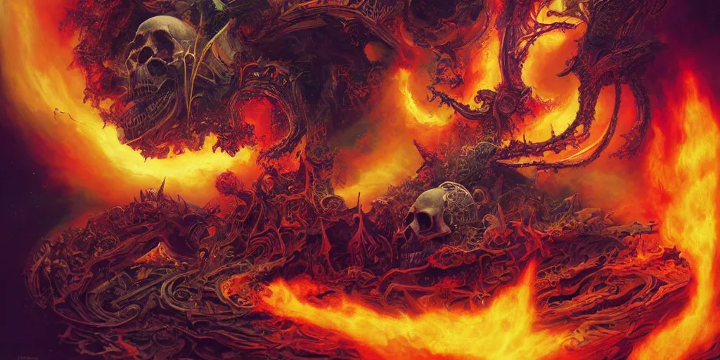 Image similar to gigantic demonic cosmic skull of death and fire, outer space, fantasy painting, ultra realistic, dmt, symmetrical, wide angle, intricate details, digital painting, rainbowshift, vivid colors, highly detailed by peter mohrbacher, h. r. giger, maxfield parrish, craig mullins, octane render, cgi