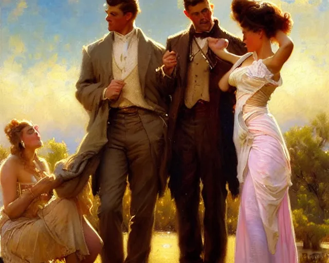 Image similar to distracted boyfriend meme, painting by gaston bussiere, craig mullins, j. c. leyendecker