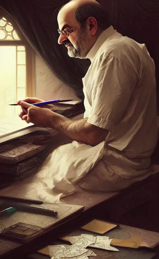 Image similar to portrait of salman rushdie writing, deep focus, d & d, fantasy, intricate, elegant, highly detailed, digital painting, artstation, concept art, matte, sharp focus, illustration, art by artgerm and greg rutkowski and alphonse mucha