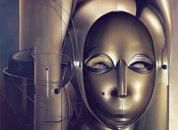 Image similar to a portrait headshot of sci fi metallic human, bright eyes, melancholic complex geometric figure liminal machinery by oskar schlemmer, moebius, john berkey, film grain, oil on canvas, portrait facial head, featured on artstation, hd wallpaper, 8 k