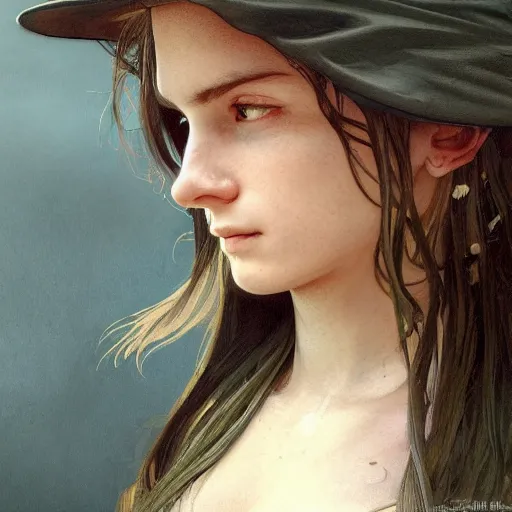 Image similar to side portrait of a soldier girl, dirt and smoke, long hair, hair down, symmetrical facial features, girls frontline, hyper realistic, pale skin, 4k, rule of thirds, extreme detail, detailed drawing, trending artstation, hd, fantasy, D&D, realistic lighting, by Alphonse Mucha, Greg Rutkowski, sharp focus, backlit