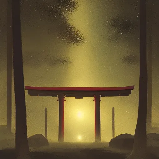 Image similar to Japanese Torii in a moutain ,night , by Grzegorz Rutkowski, concept art