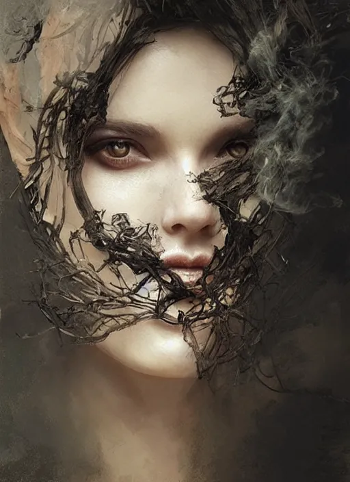 Image similar to portrait of beautiful woman made of ash and smoke, intricate, elegant, highly detailed, digital photography, art by artgerm ruan jia and greg rutkowski