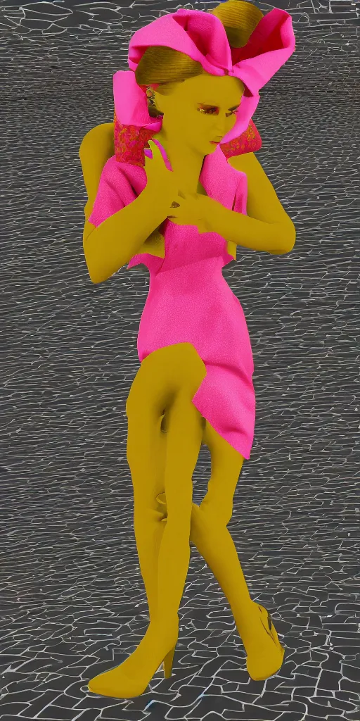 Prompt: 3d glitched malice yellow glitched legs doll carrying a pink fashion bag in a street city psx rendered early 90s net art n64