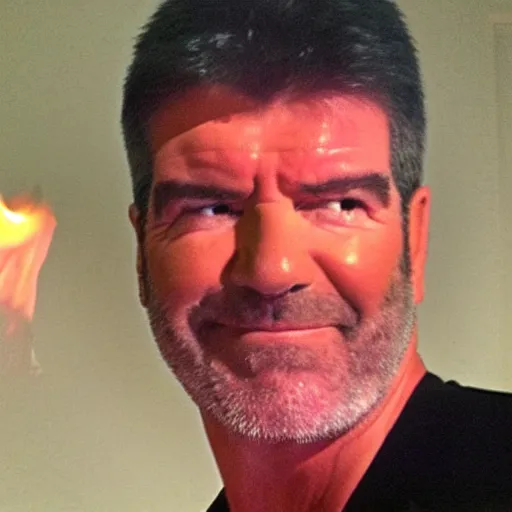 Prompt: simon cowell having his face melted by a fire