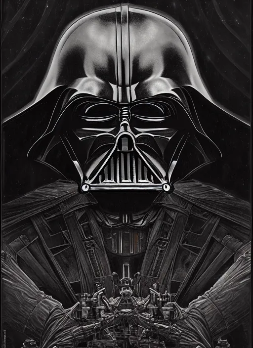 Image similar to side shot of platonic ideal of darth vader, malignant dieselpunk and god complex dementor wild hunt chtulu nazgul mandelbulb davinci, ralph mcquarrie, fantasy, ego death, detailed, darth vader, intricate, volumetric lighting, hyperrealism, intense, scary, decay, artgerm, greg rutkowski, alphonse mucha