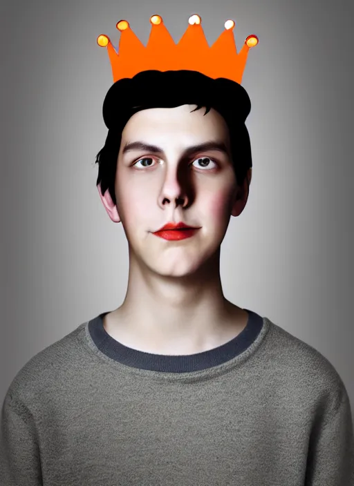 Image similar to portrait of teenage jughead jones wearing a light grey crown, symmetrical crown, sweater with picture of hamburger, eyes closed, crown, black hair, orange, intricate, elegant, glowing lights, warm lighting, highly detailed, digital painting, artstation, concept art, smooth, sharp focus, illustration, art by wlop, mars ravelo and greg rutkowski