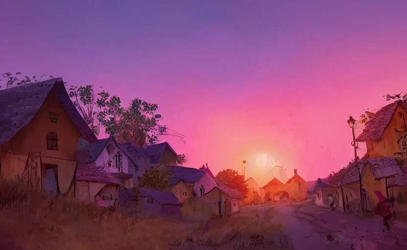 Prompt: village, houses with faces, sunset atmosphere, pink, low contrast, light, naive, detailed, cinematic lighting + masterpiece