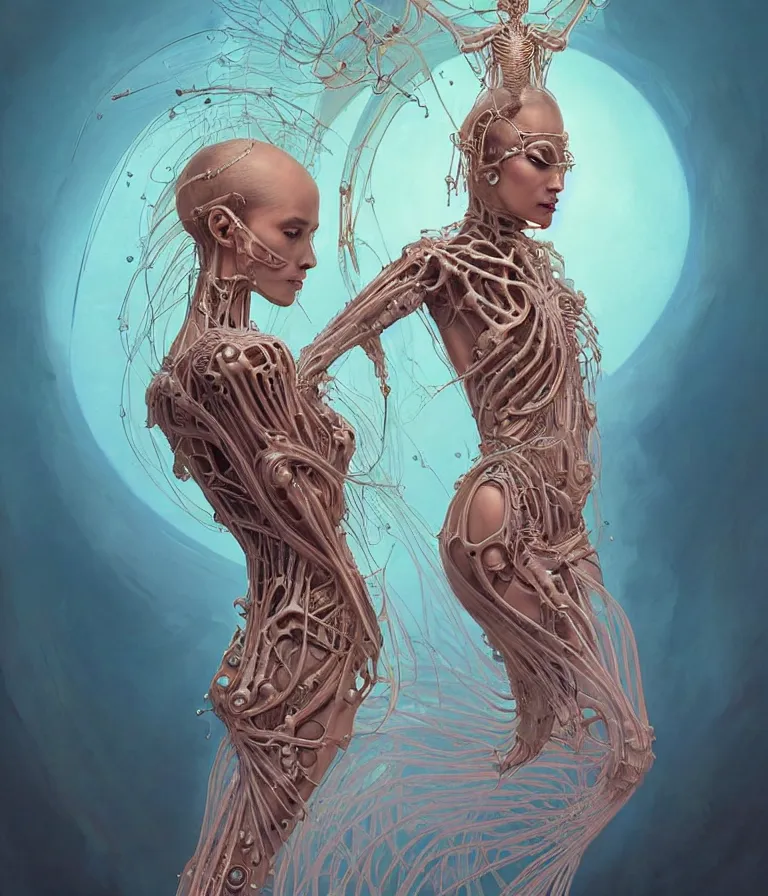 Image similar to fully symmetrical centered portrait of a beautiful princess in robe. artificial muscles, ribcage, bones, hard surface modelling. cyberpunk look. biomechanical mask. bio luminescent biomechanical halo around head. jellyfish. artwork by jarold Sng by artgerm, by Eddie Mendoza, by Peter mohrbacher by tooth wu by alfons mucha, unreal engine, octane render, cinematic light, iridescent details, iridescent colors, dichroic, macro, depth of field, blur