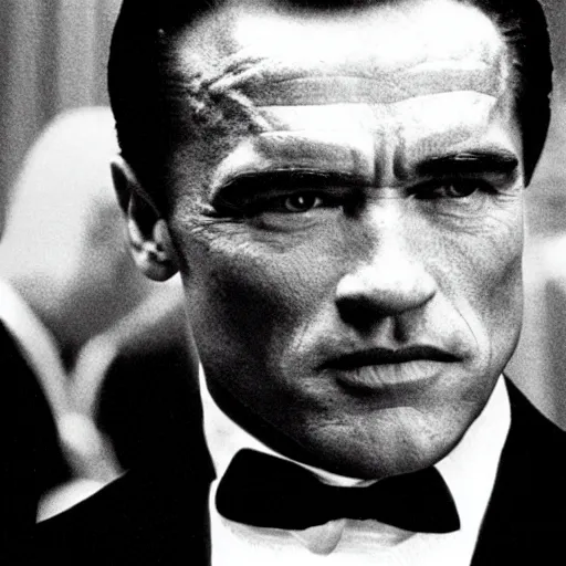 Image similar to film still of arnold schwarzenegger as vito corleone