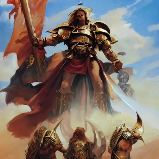 Prompt: greg manchess portrait of battle of horus lupercal and emperor of mankind, epic grimdark, fantasy, medium shot, asymmetrical, profile picture, organic painting, sunny day, matte painting, bold shapes, hard edges, street art, trending on artstation, by huang guangjian and gil elvgren and sachin teng