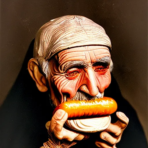 Image similar to Colour Photography of 1000 years old man with highly detailed 1000 years old face, that eating hot-dog in style of Josan Gonzalez