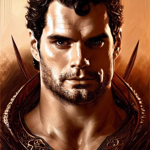 Image similar to Henry Cavill as a warrior, upper body, D&D, muscular, fantasy, intricate, elegant, highly detailed, digital painting, artstation, concept art, smooth, sharp focus, illustration, art by artgerm and greg rutkowski and alphonse mucha