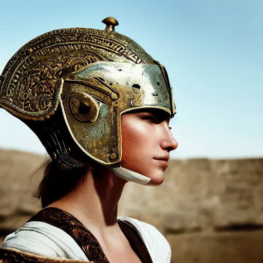 Image similar to a beautiful medium shot of a beautiful model looking of into the distance, wearing an antique spartan helmet, wearing an ancien greek white tunic with bleu patterns, beautiful natural backlit light failing on her face, golden hour, by annie leibowitz