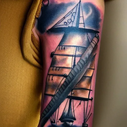 Image similar to A magical pirate ship tattoo design on white background, hyper realistic shaded tattoo, award winning tattoo