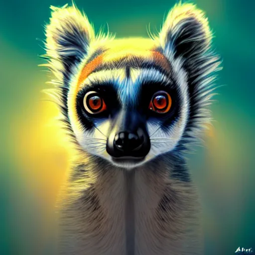 Image similar to Geometric symmetrical lemur, sun in the background, intricate, elegant, highly detailed, digital painting, artstation, concept art, smooth, sharp focus, illustration, art by artgerm