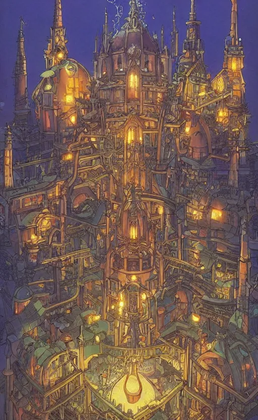 Image similar to Studio Ghibli steampunk cathedral at dusk by Hayao Miyazaki, Michael Whelan, and Thomas Kincade