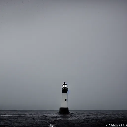 Image similar to stormy ocean at midnight, dark storm clouds overhead, lighthouse in the background concealed by fog