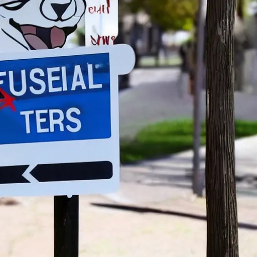 Image similar to a street sign warning furries that they will be arrested, sad furry looking at it