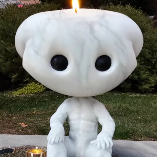 Prompt: a white marble statue of the reddit alien mascot surrounded by lit candles