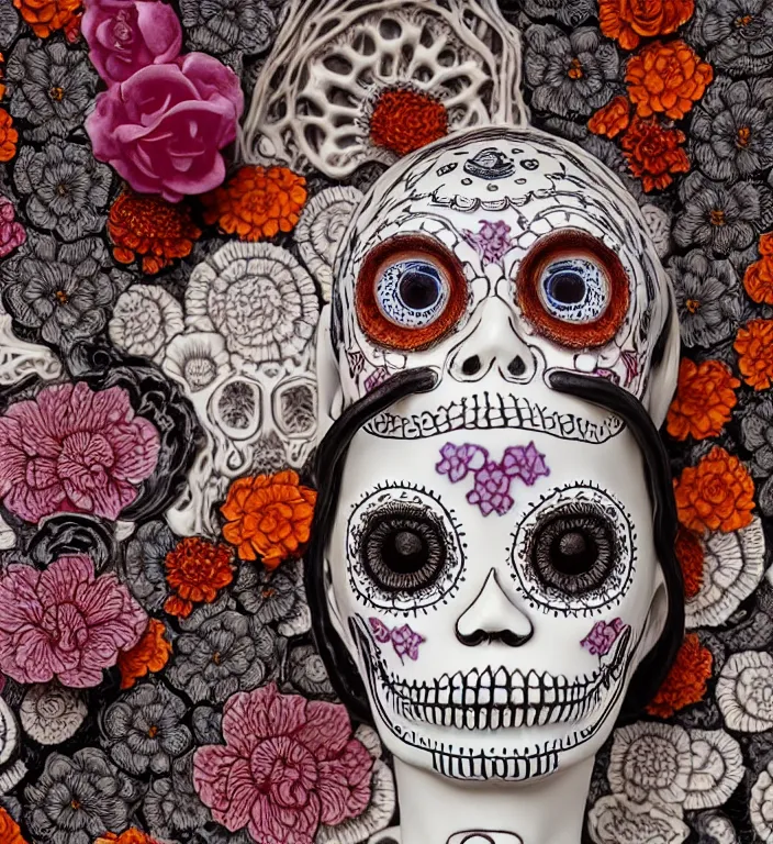 Prompt: La Catrina, A Close up photo-real delicate ceramic porcelain sculpture of a symmetrical ornate detailed in front of an intricate background by Victo Ngai and takato yamamoto, micro detail, backlit lighting, face in focus, subsurface scattering, translucent, thin porcelain, colorful, physically based rendering, japanese pottery, trending on cgsociety