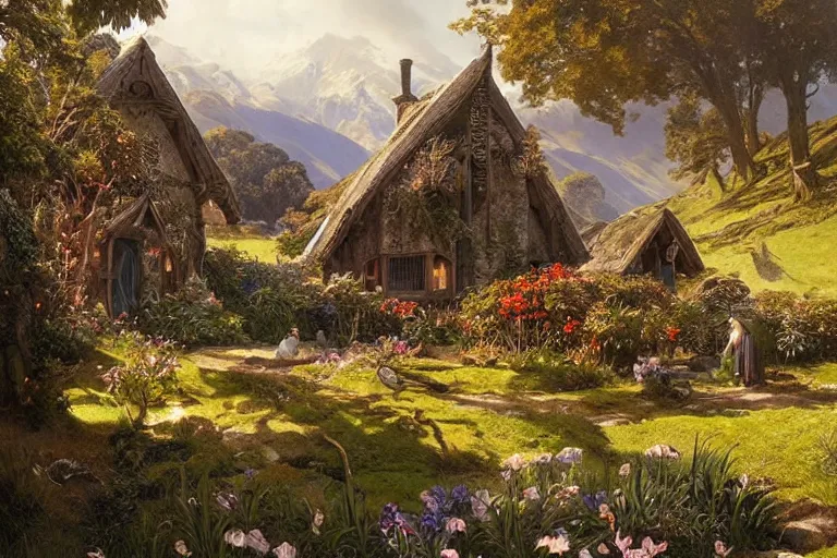 Prompt: a lord of the rings village in large new zealand landscape, shiny colors, high - key lighting, beautiful composition, intricate, elegant, pro photography by, highly detailed, art by artgerm and greg rutkowski and alphonse mucha