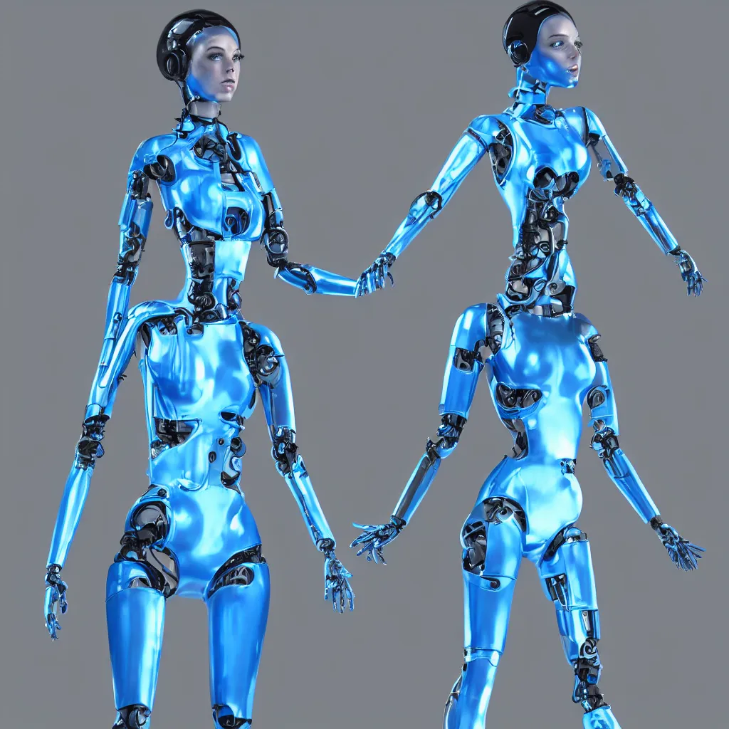 Image similar to a beautiful female robot human hybrid wearing a blue latex jumpsuit, circuitry glowing through the suit like tron, face, torso, legs, feet, epic angle, octane render, photo realistic, hyper realistic, 8 k resolution in the style of alvin schwartz