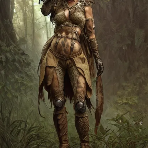 Image similar to photo of a humanoid hyena were a heroic dress an armour in the forest, long hair, highly detailed, digital painting, artstation, smooth, sharp focus, illustration, art by artgerm and greg rutkowski and alphonse mucha