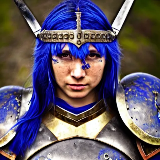 Image similar to photo of a real-life beautiful warrior with lapis lazuli armour