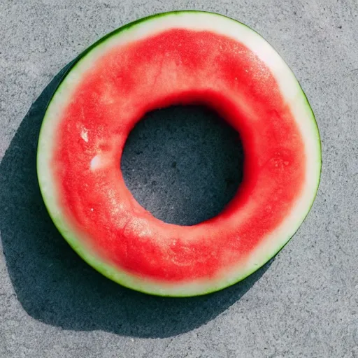 Image similar to Perfectly circular donut!!!!! in the shape of a watermelon!!!!!!, trending on artstation, 4k, 8k, professional photography, overhead shot, 35mm lens