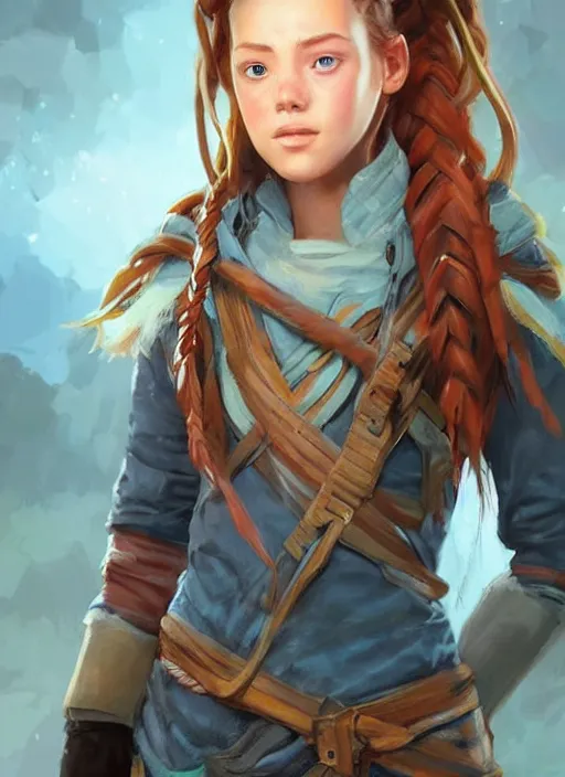 Prompt: a portrait digital painting of a young girl that looks a bit like aloy from horizon : new dawn. she's wearing a mechanics uniform and has been working on some large machinery. painted by artgerm, ross tran.