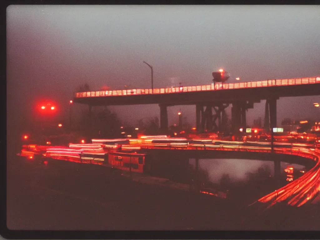 Prompt: 8 0 s polaroid photo, cinema still, train going over bridge at night while bright city is in the background, haze, americana, 8 k resolution, hyperrealistic, photorealistic, high definition, highly detailed, tehnicolor, award - winning photography, masterpiece