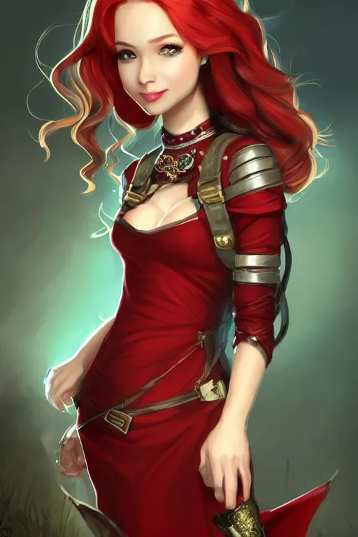 Image similar to a full body portrait of a gorgeous female ranger, looking at camera, D&D, choker on neck, stylish dress, very long flowing red hair, intricate, elegant, stylish, cute slightly nerdy smile, mouth slightly open, fantasy, extremely detailed, digital painting, artstation, concept art, smooth, sharp focus, illustration, stunning lighting, art by artgerm and greg rutkowski and alphonse mucha and simon stalenhag