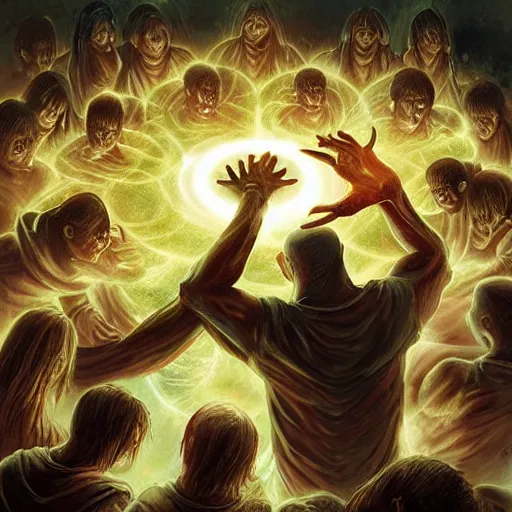 Image similar to acolytes using demonic summoning circle to summon a demon. incredible detail. by magali villeneuve and by wlop