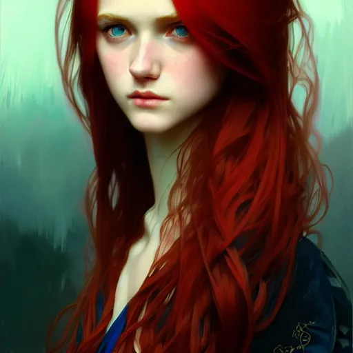 Image similar to portrait of teenage girl with long glossy red hair, blue eyes, fashion model features, fantasy, intricate, elegant, dress shirt and tie, highly detailed, digital painting, artstation, concept art, smooth, sharp focus, illustration, art by Krenz Cushart and Artem Demura and alphonse mucha
