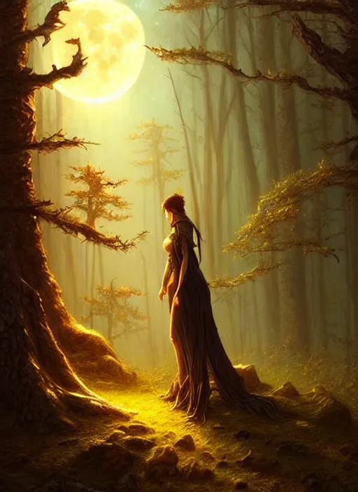 Image similar to fantasy book cover, full moon, fantasy forest landscape, golden elements, fantasy magic, dark light night, intricate, elegant, sharp focus, illustration, highly detailed, digital painting, concept art, matte, art by WLOP and Artgerm and Greg Rutkowski and Albert Bierstadt, masterpiece