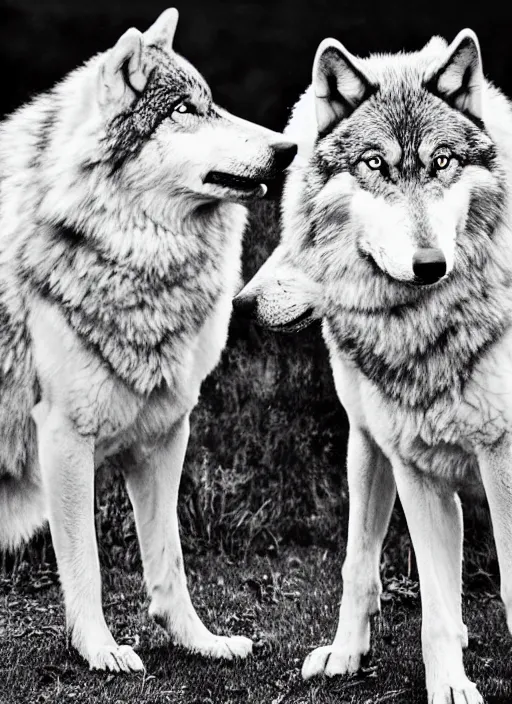 Image similar to two wolves black and white portrait white sky in background