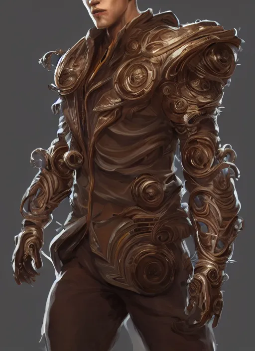 Image similar to a highly detailed illustration of thick wavy brown haired young white guy wearing brown coat and face mask, extra mechanical arms on his back, dramatic hands in pocket standing pose, intricate, elegant, highly detailed, centered, digital painting, artstation, concept art, smooth, sharp focus, league of legends concept art, WLOP