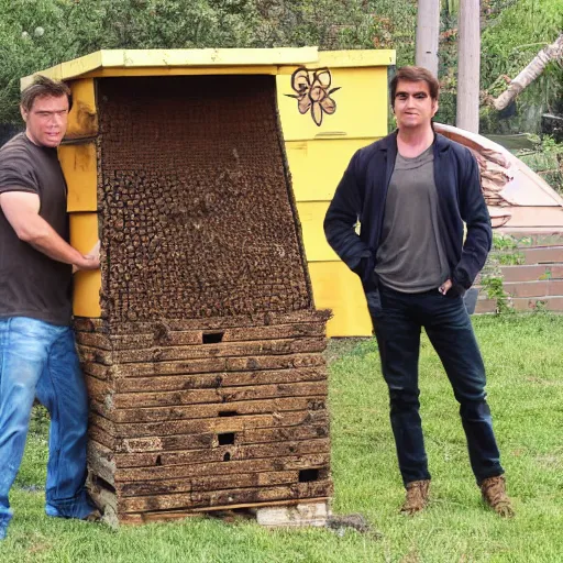 Prompt: Nathan Fillion protecting a bee hive portal