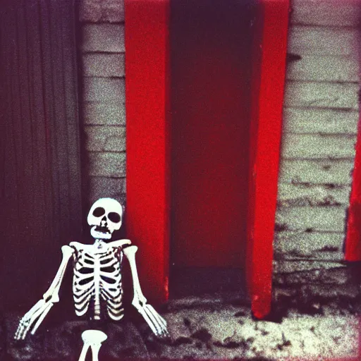 Prompt: a frightening skeleton playing hide and seek with a group of children, vintage polaroid analog photo, red color bleed, film grain, shadows