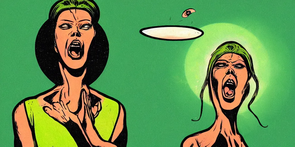 Prompt: apocalyptic ufo woman is screaming and crying after alien invasion on planet earth style in the year seventies, illustration, green color scheme